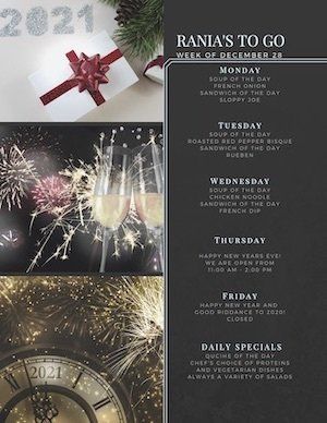 A menu for rani 's to go for the week of december 26