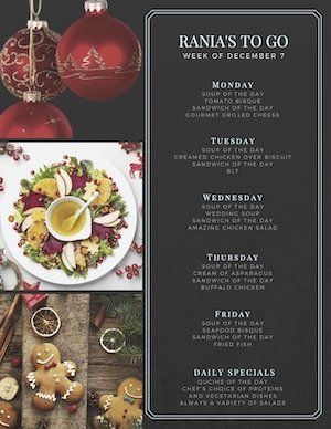 A menu for a restaurant called rania 's to go