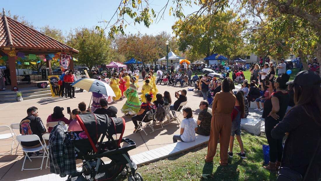 A crowd of people are watching a parade in a park.
