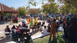 A crowd of people are watching a parade in a park.