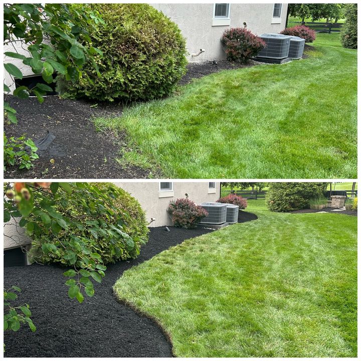 Before-and-after view of a landscaped yard with trimmed bushes and freshly edged green lawn.