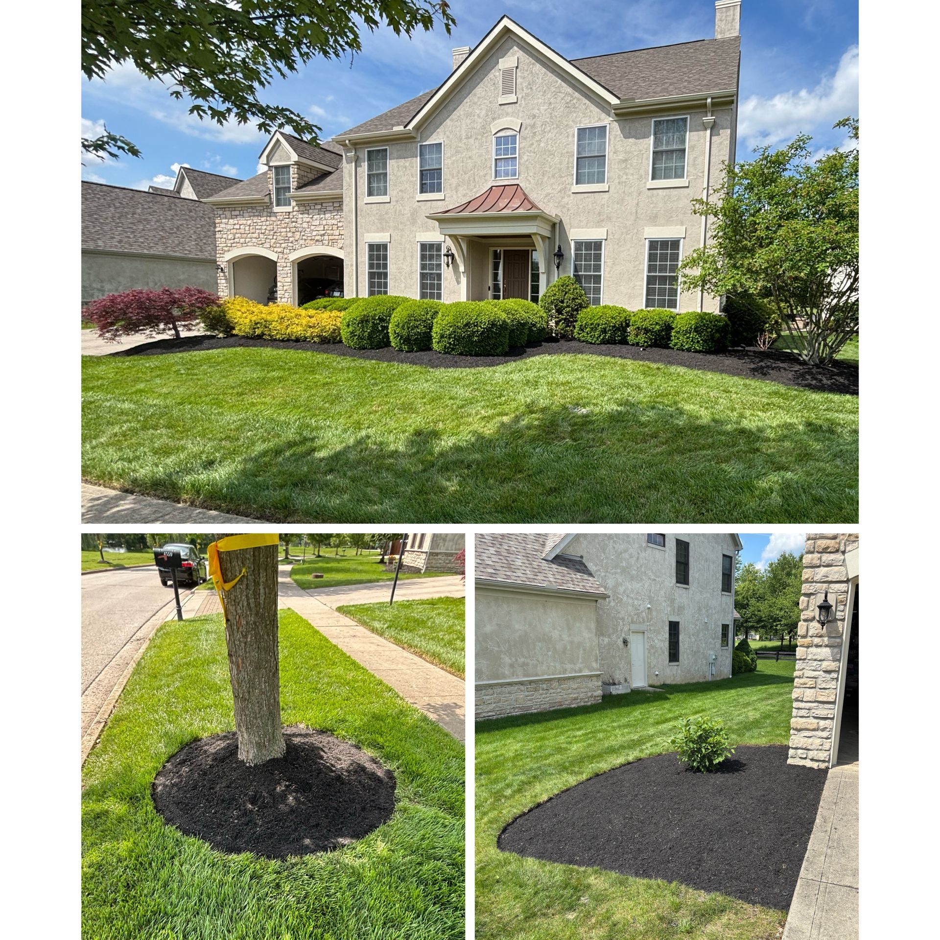 Stone house with manicured lawn and shrubs, plus close-ups of newly mulched tree beds and landscaping.