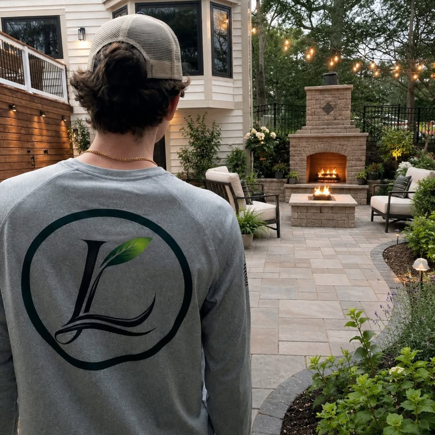 Person in gray shirt overlooking a stone patio with an outdoor fireplace and string lights in a backyard.