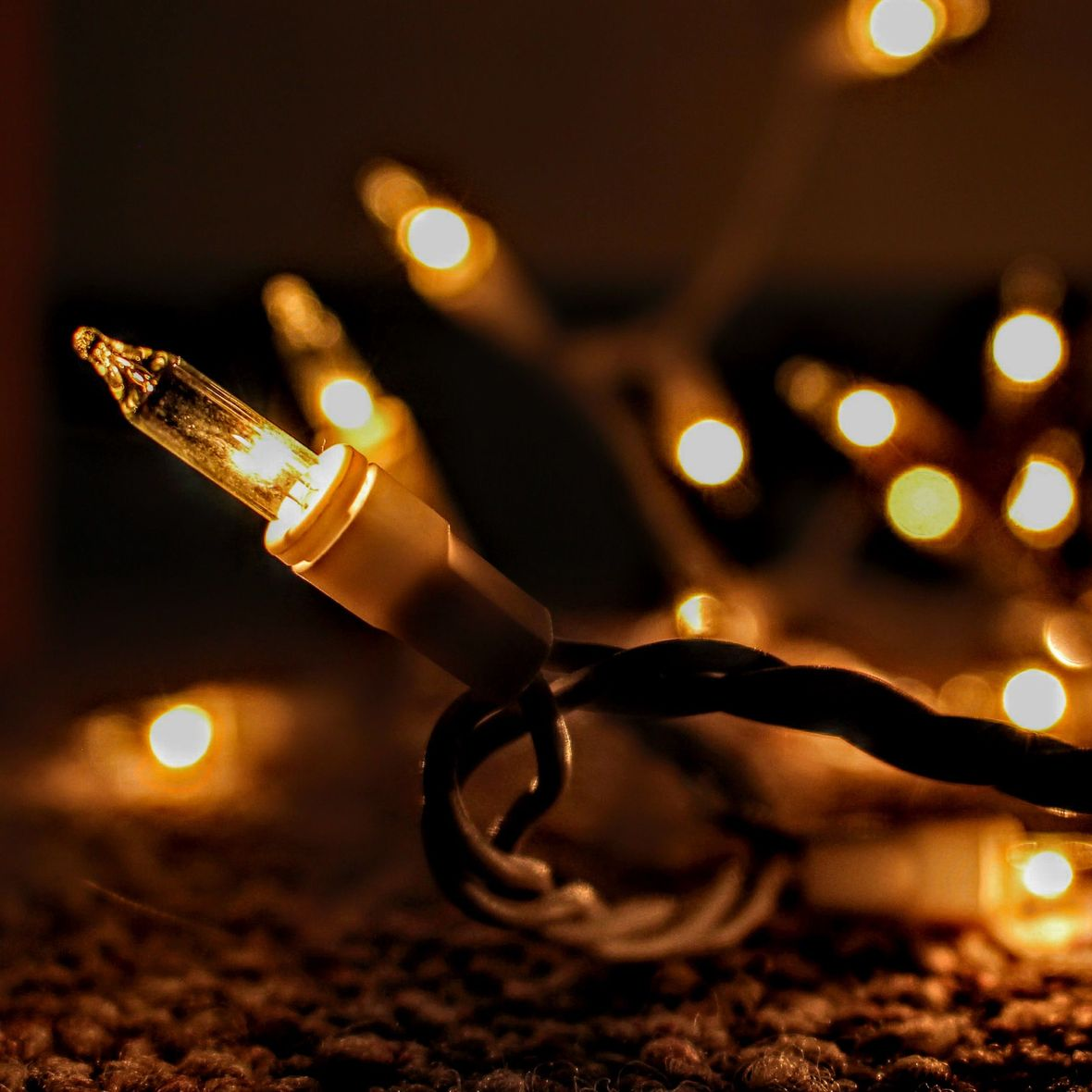 Warm white Christmas lights wrapped around a black wire in a dark, festive close-up