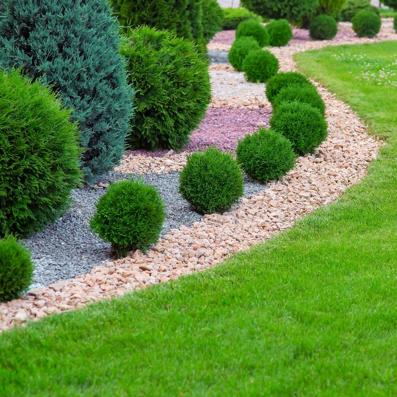 Curved gravel garden border with neatly trimmed green shrubs and lawn
