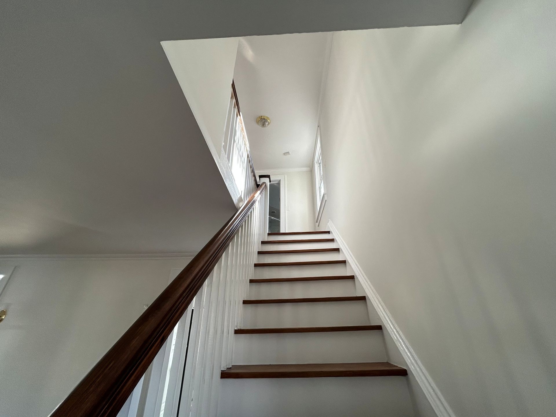 Interior staircase with white walls, wooden handrail, and carpeted steps leading to an upstairs hallway