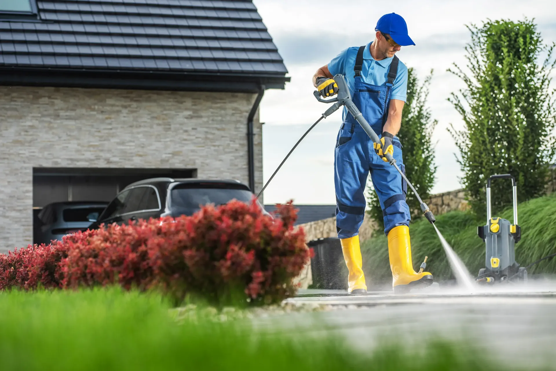 Worker pressure-washing a driveway beside a house, with a red bush in the foreground.