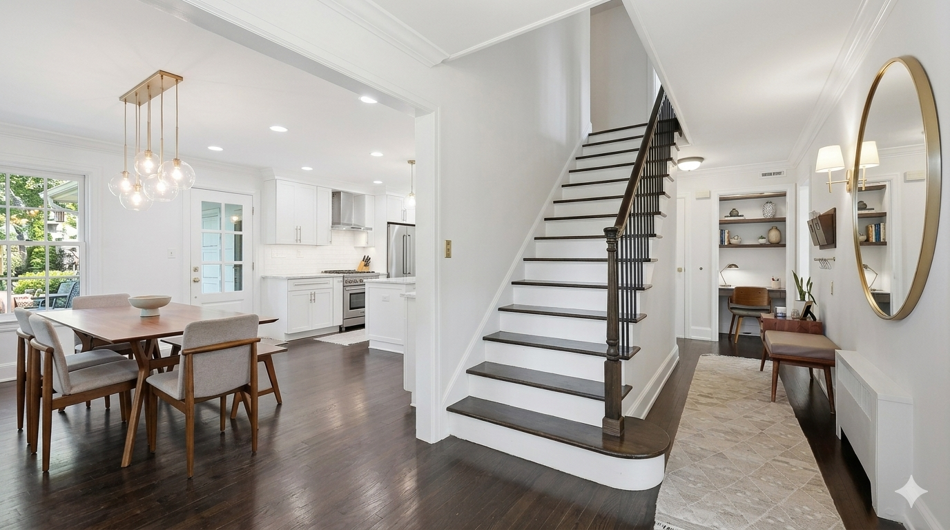 Bright modern foyer with staircase, dark wood floors, dining area, and large mirror next to a living space