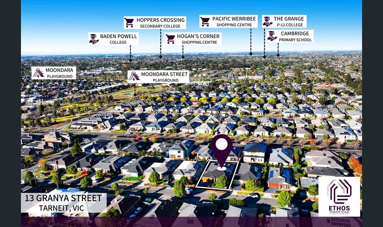 Aerial view of a residential area with markers for nearby shops and amenities. 
