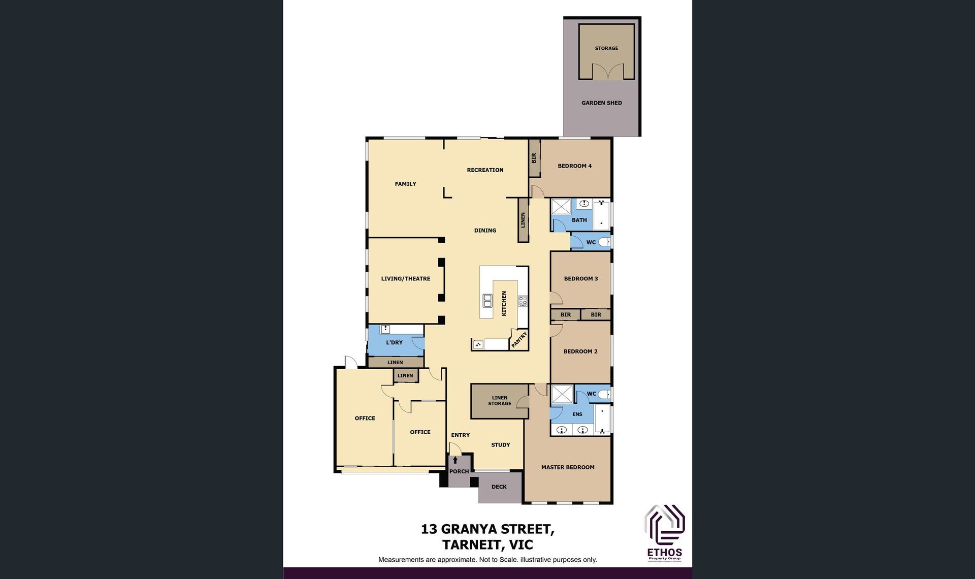 Floor plan of a house with rooms labeled and a detached garage. The layout is mostly rectangular.