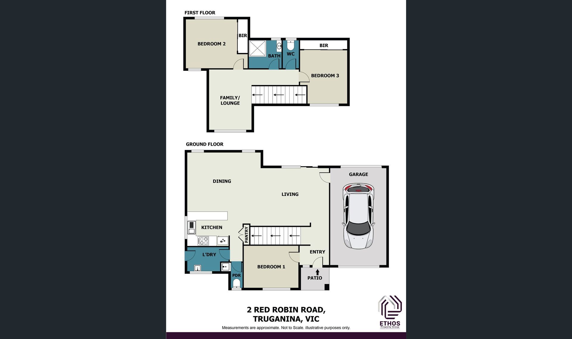 Two-story house floor plan; beige and blue; top floor with bedrooms and bathrooms, bottom floor with kitchen, living room and garage.