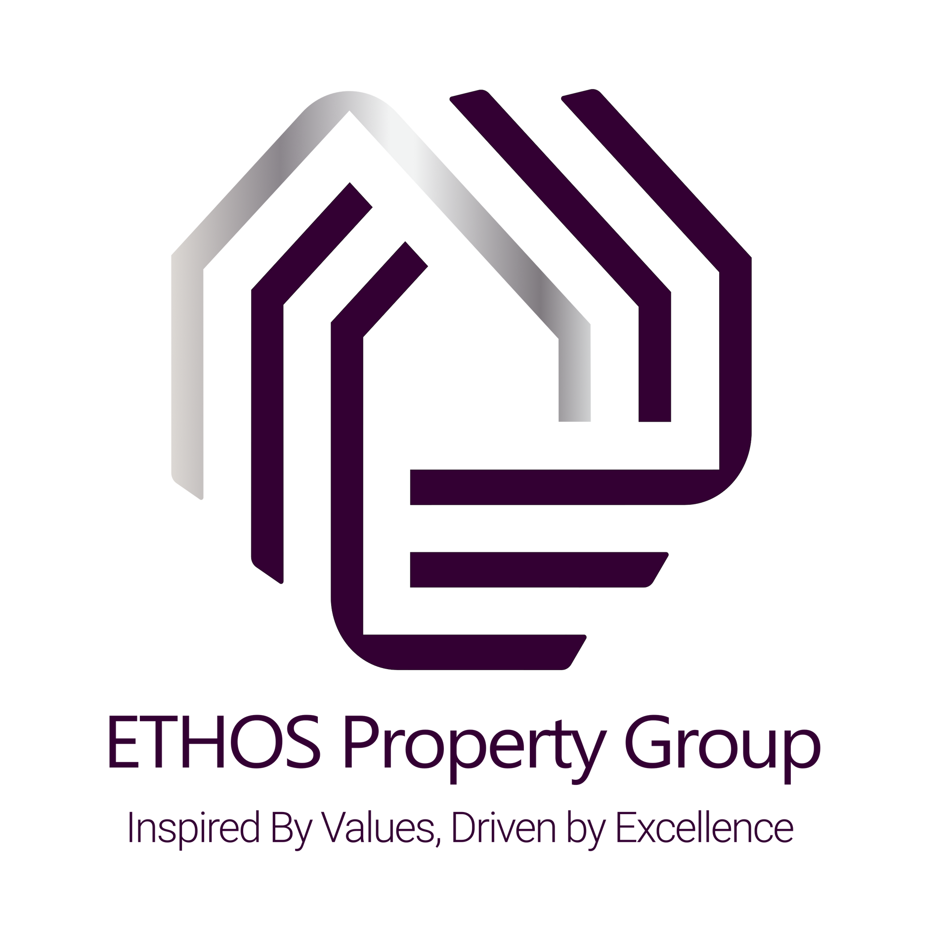Purple and silver Ethos Property Group logo: Abstract house design with text below.