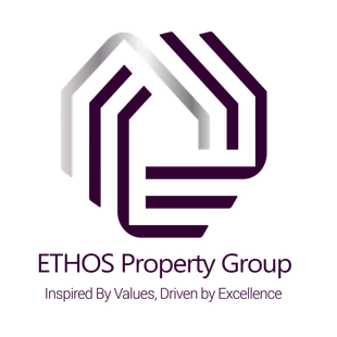 Purple and silver Ethos Property Group logo: Abstract house design with text below.