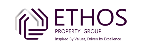 Logo for Ethos Property Group, featuring a stylized house icon in purple and silver, with the name and tagline.