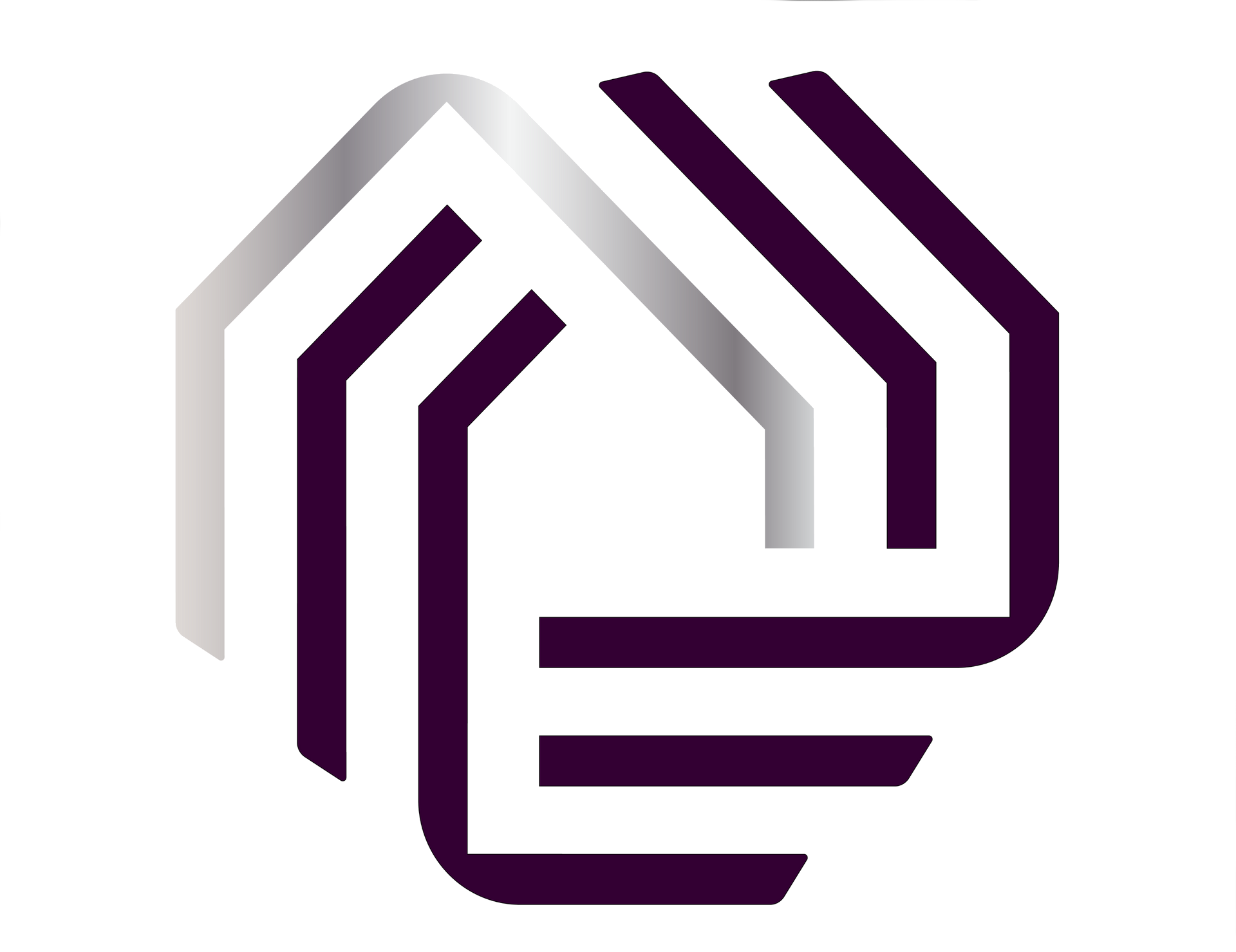 Geometric logo of a house shape in silver and dark purple, interlocking design.