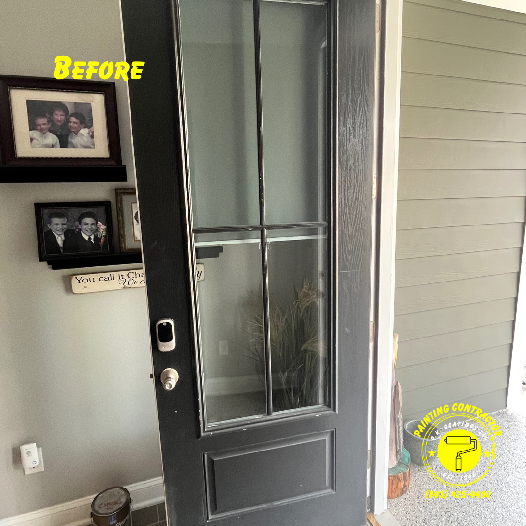 A dark-framed glass door is shown in a before-and-after style transition to a light-colored painted door in an entryway.