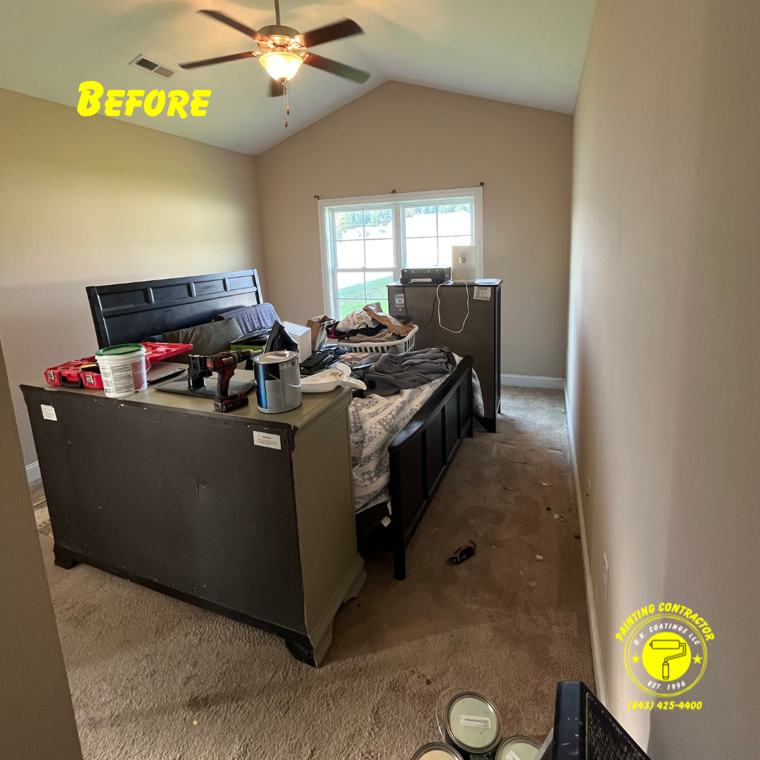 A bedroom in transition with a bed, dresser, and painting supplies, labeled 