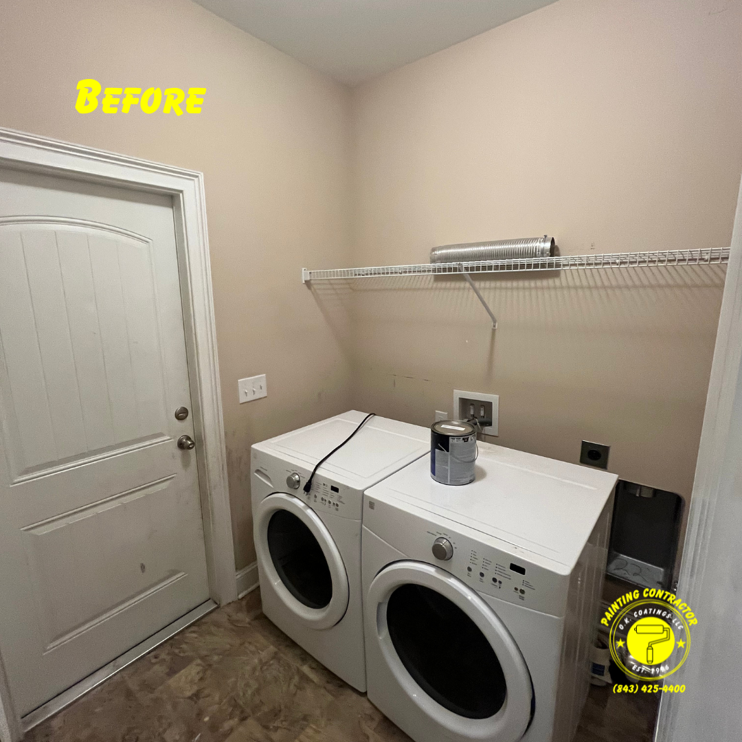 A laundry room with a white door, two white washing machines, and a wire shelf on a beige wall, marked as 