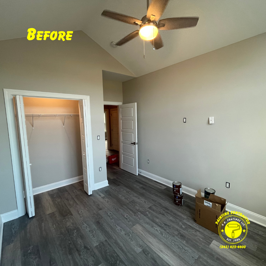 An empty bedroom with gray walls, wood-look flooring, a ceiling fan, and an open closet, labeled 