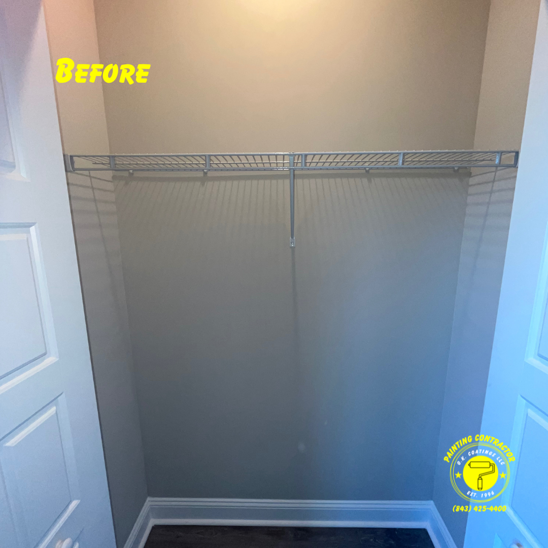 An empty closet with white walls and a single wire shelf, labeled 