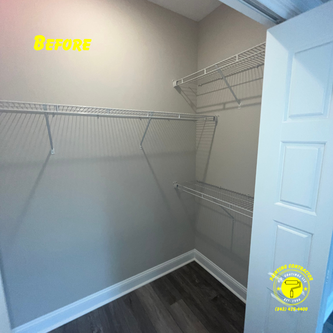 An empty closet with wire shelving on white walls above dark wood-look flooring, labeled 