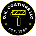Black circular logo for O.K. Coatings LLC with a neon yellow paint roller, stars, and "EST. 1996" in white text.