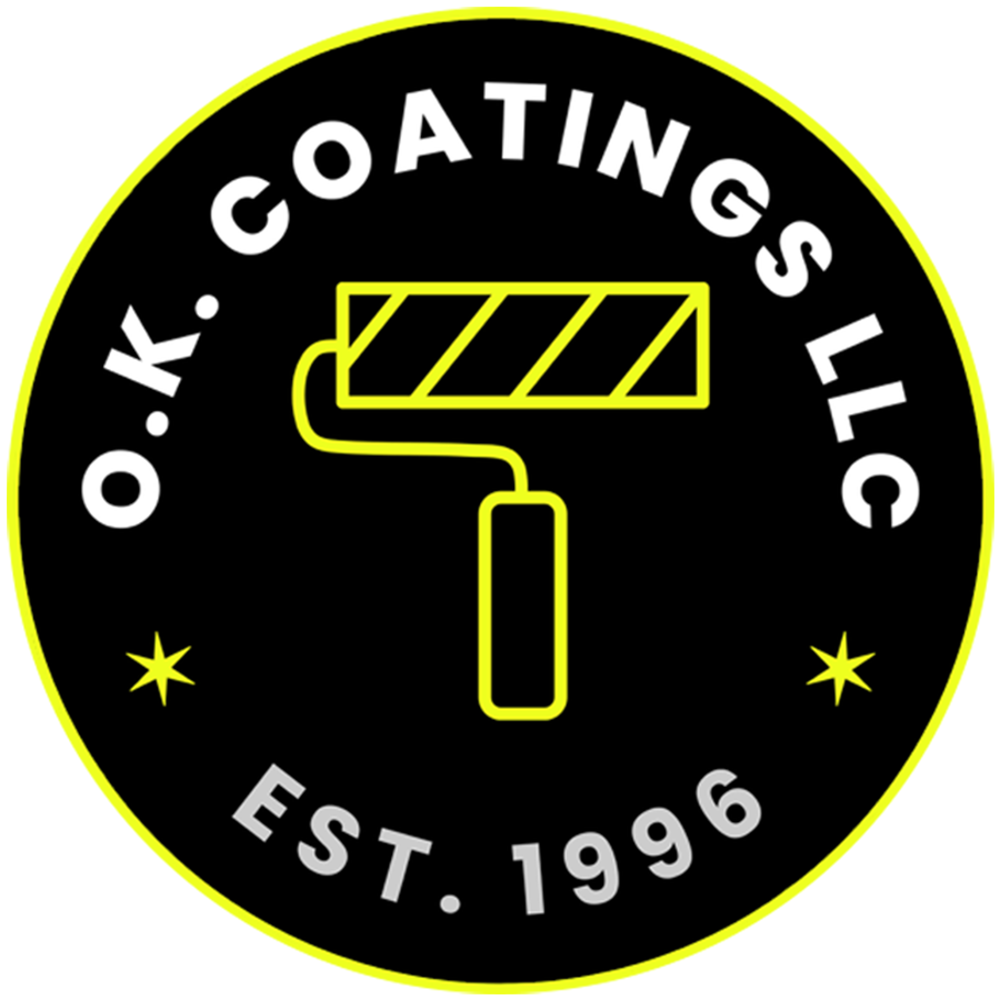 Black circular logo for O.K. Coatings LLC with a neon yellow paint roller, stars, and "EST. 1996" in white text.