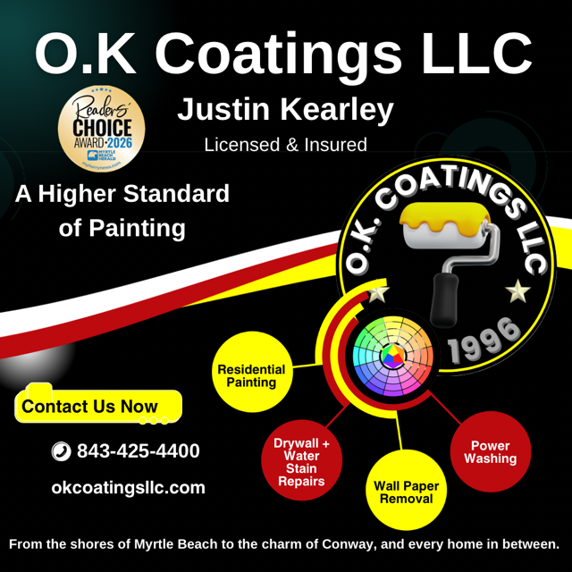 O.K Coatings LLC painting ad with logo, contact info, services, and paint roller icon on black background