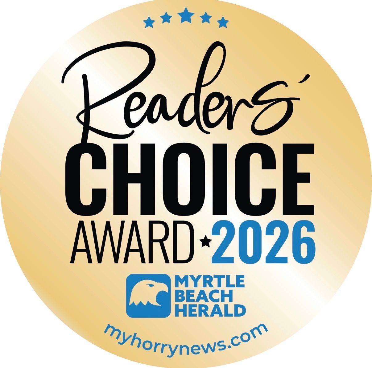 Readers’ Choice Award 2026 logo with blue stars and Myrtle Beach Herald branding