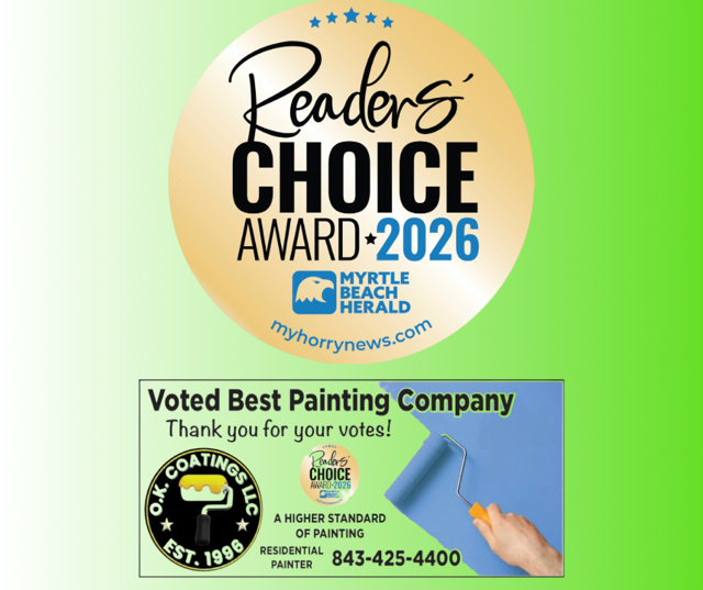 Reader’s Choice Award 2026 badge above a green ad for voted best painting company with paint roller