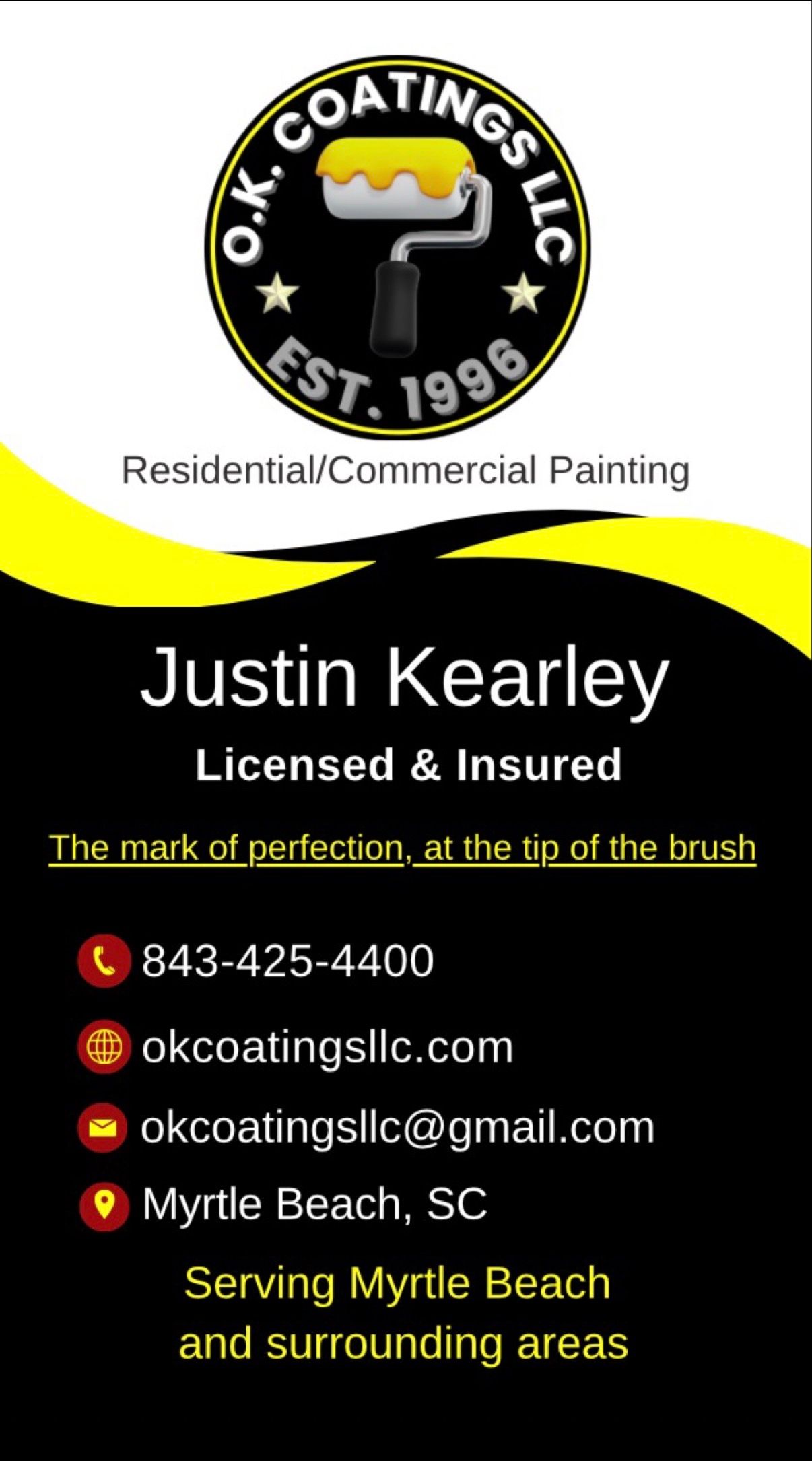 Residential painting business card for O.K. Coatings LLC, black and yellow with contact details.
