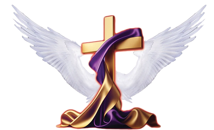 Purple-and-gold draped cross with white wings, a Christian symbol on a white background