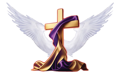 Purple-and-gold draped cross with white wings, a Christian symbol on a white background