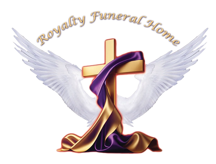 Royalty Funeral Home logo with gold cross, white wings, and purple-gold drapery