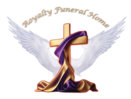Royalty Funeral Home logo with gold cross, white wings, and purple-gold drapery