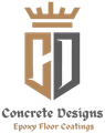 Logo: Shield with "CD" monogram and crown, "Concrete Designs" text, "Epoxy Floor Coatings" subtitle.