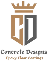 Logo: Shield with "CD" monogram and crown, "Concrete Designs" text, "Epoxy Floor Coatings" subtitle.