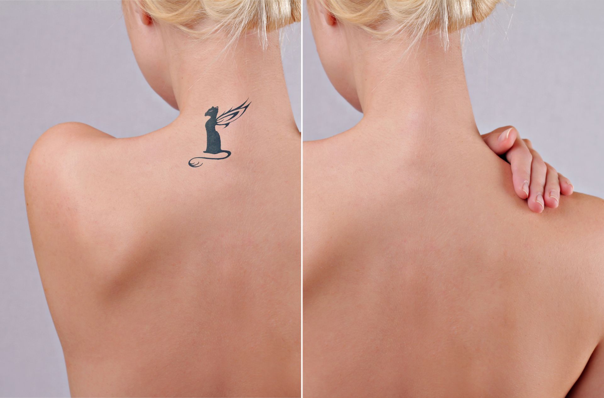 Comparison of a back with a tattoo and the same back without it.