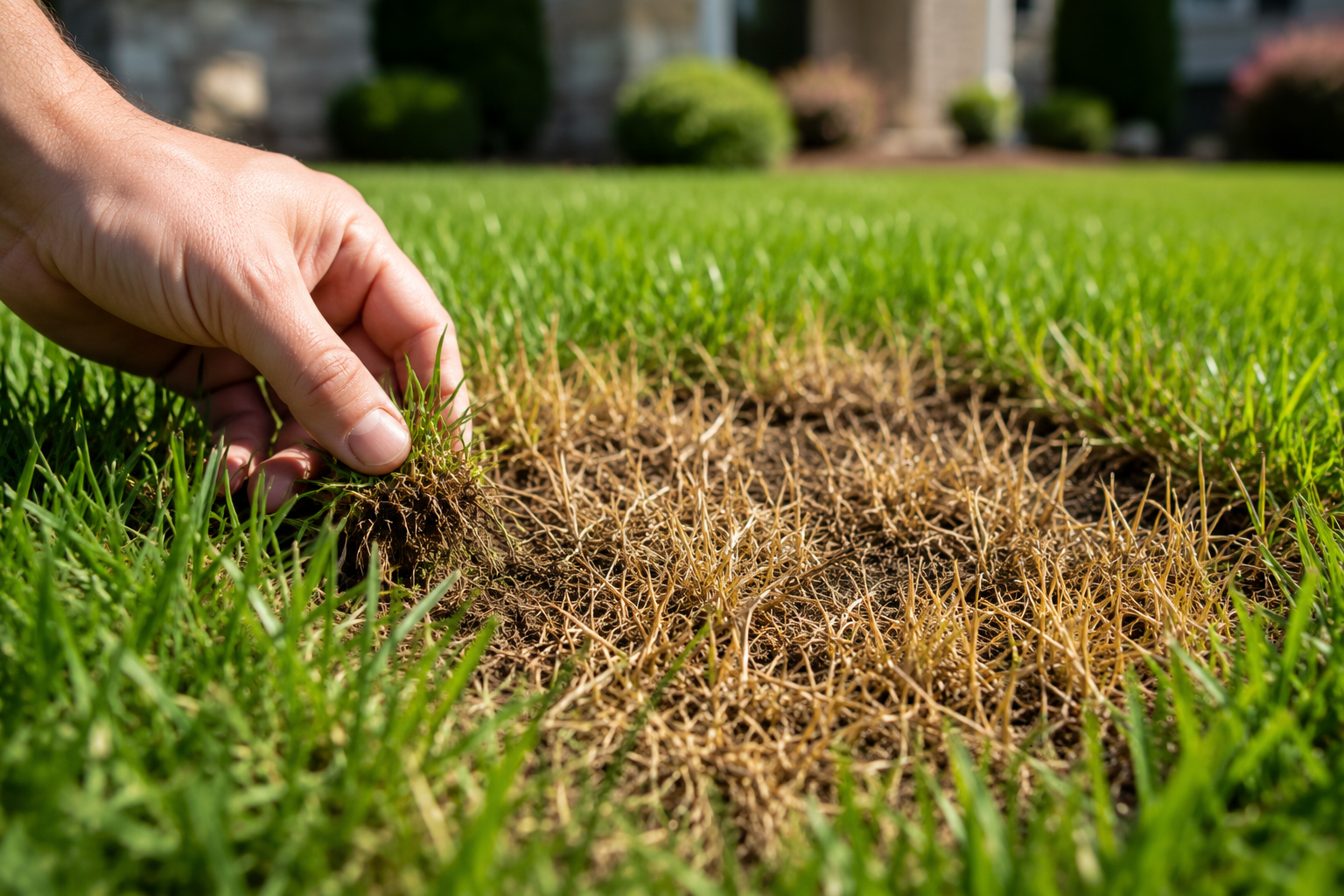 Lawn care inspection of a brown patch with dead grass as a hand checks for summer lawn pest damage.