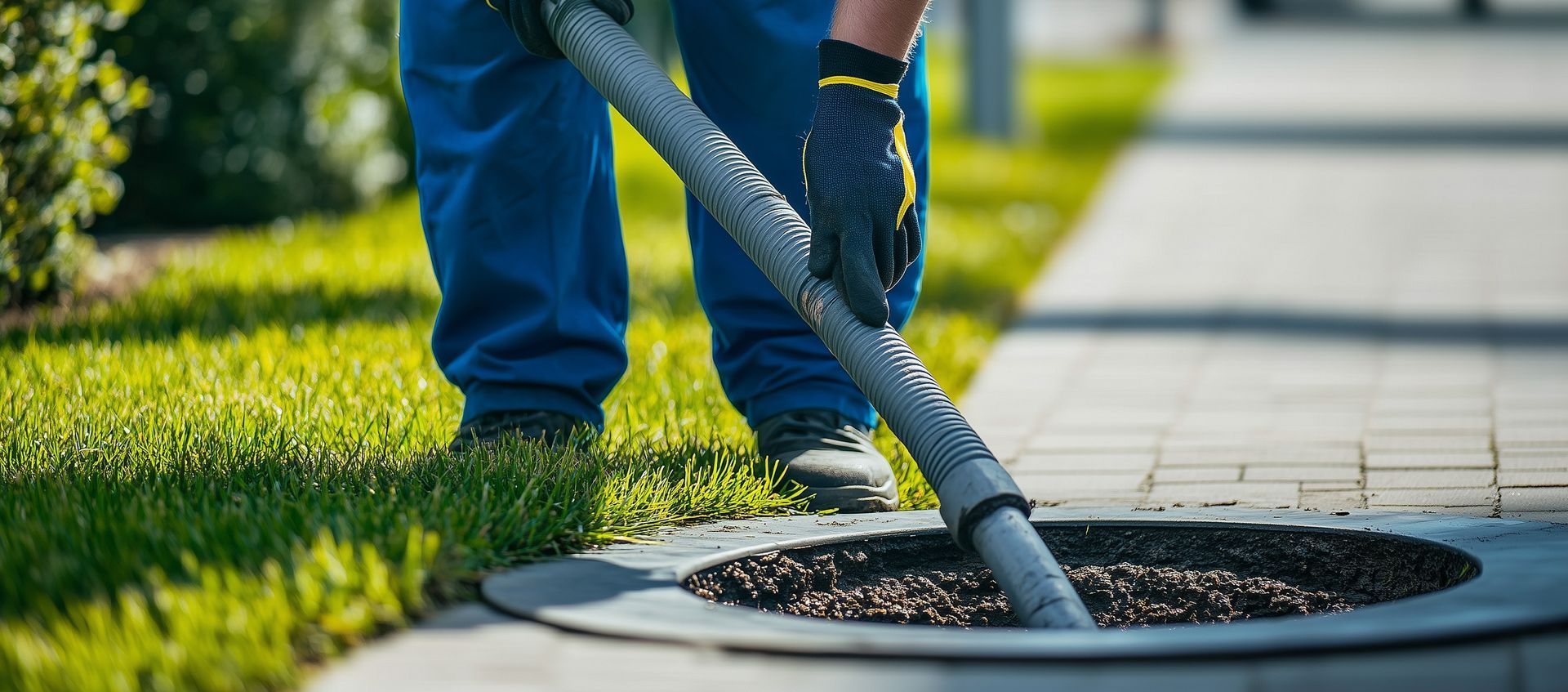 Close-up of an individual using a hose for septic tank cleaning in a green, well-kept yard Close-up of an individual using a hose for septic tank cleaning in a green, well-kept yard