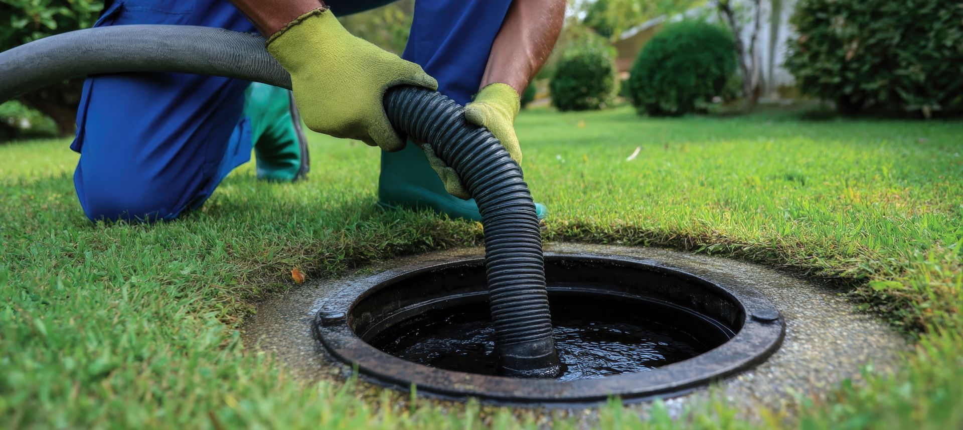A worker is using a hose for residential septic tank cleaning in a green, well-kept yard A worker is using a hose for residential septic tank cleaning in a green, well-kept yard
