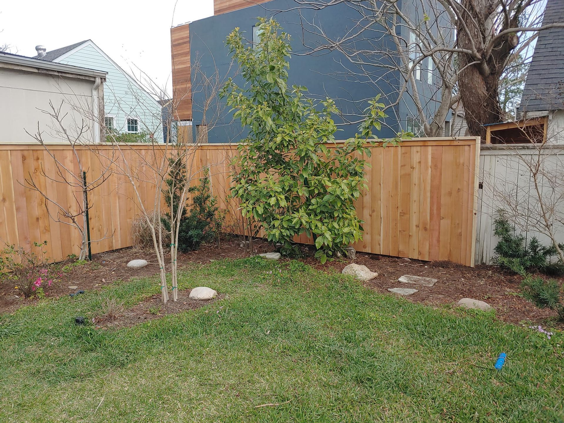 A wooden fence surrounds a lush green lawn in a backyard.
