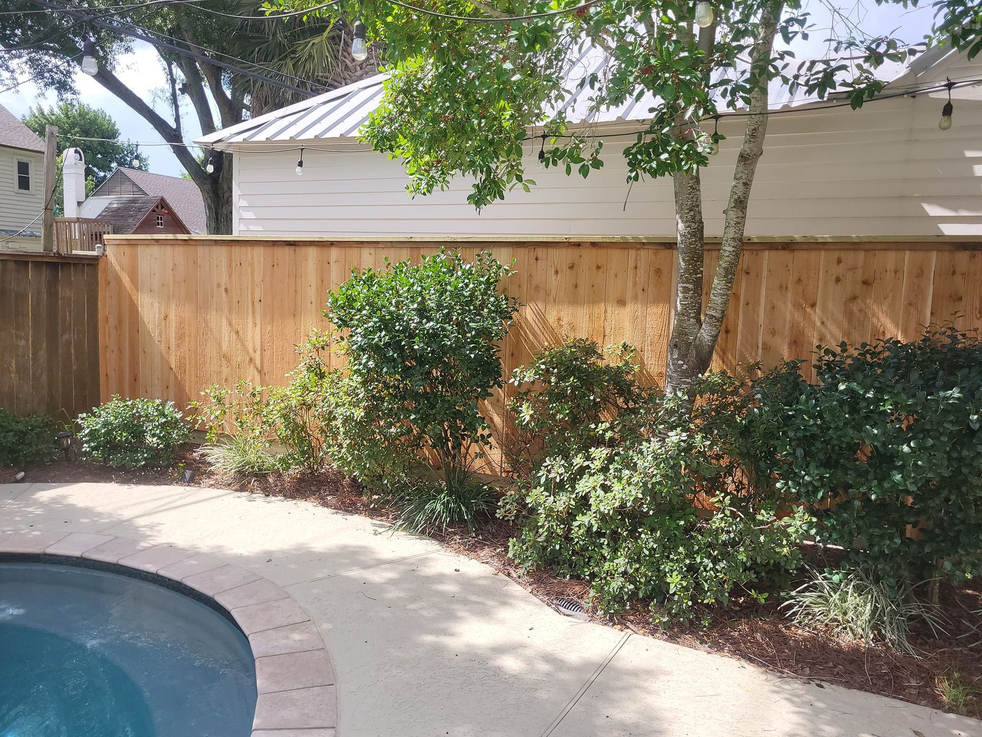 A wooden fence surrounds a swimming pool in a backyard.