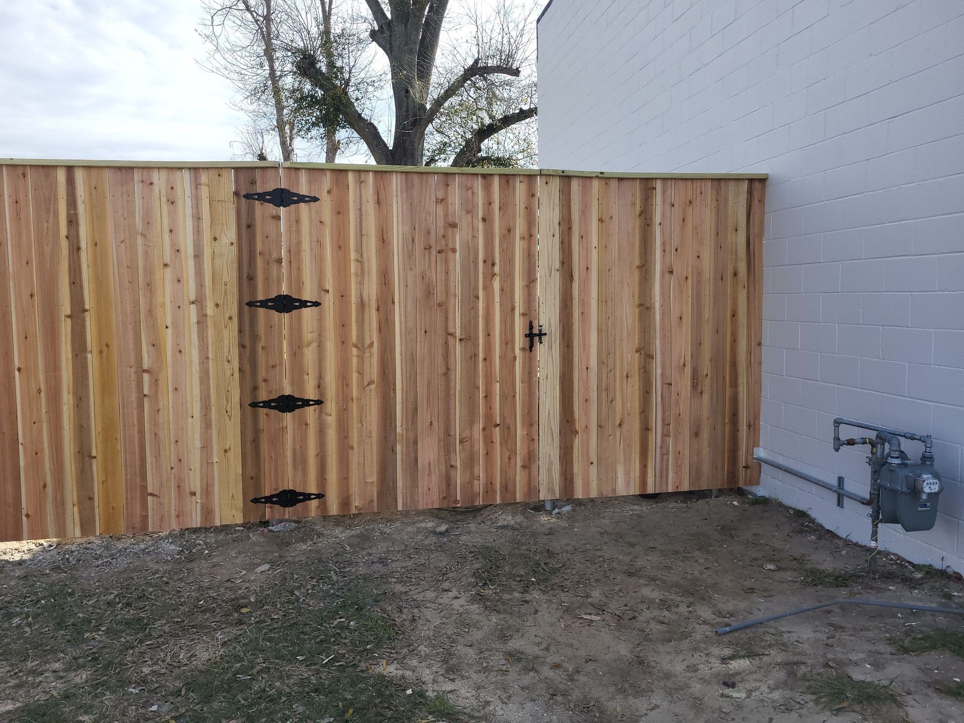 A wooden fence with a gate in the backyard of a house.