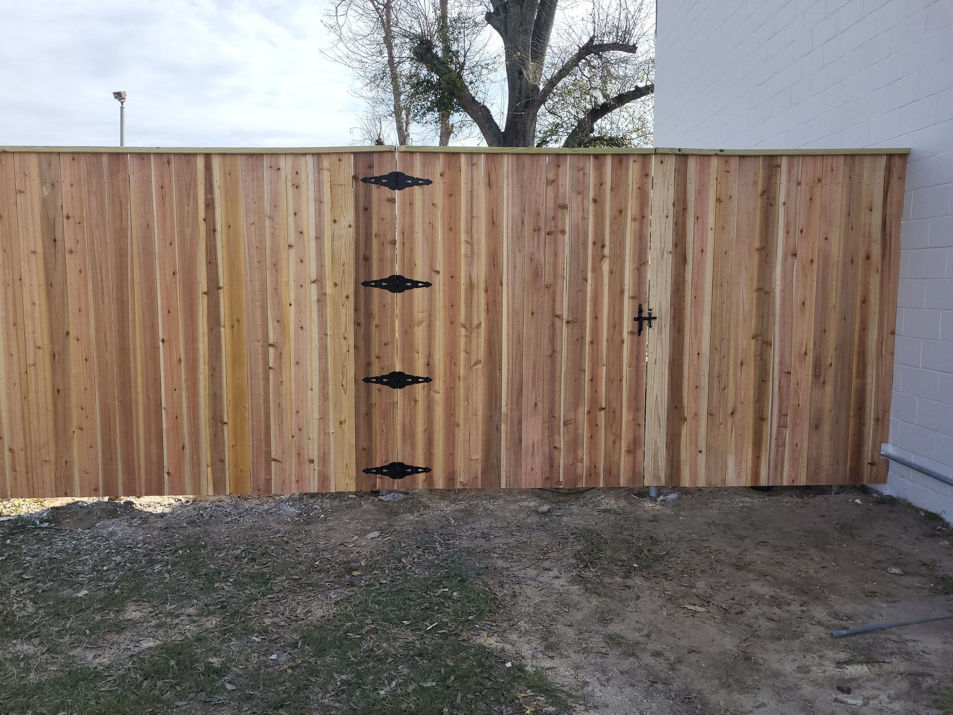 A wooden fence with a gate in the backyard of a house.