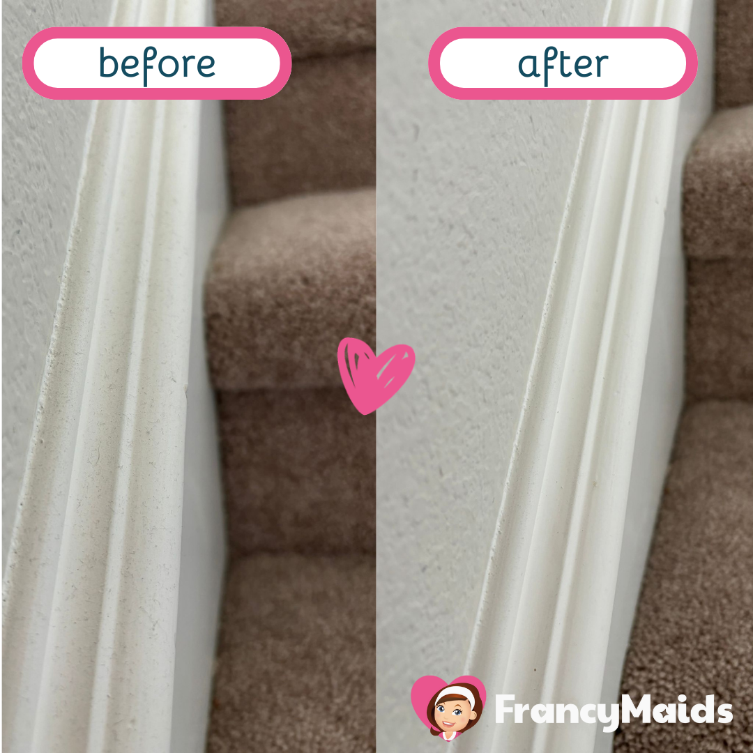 A picture of a staircase before and after being cleaned by frances maids