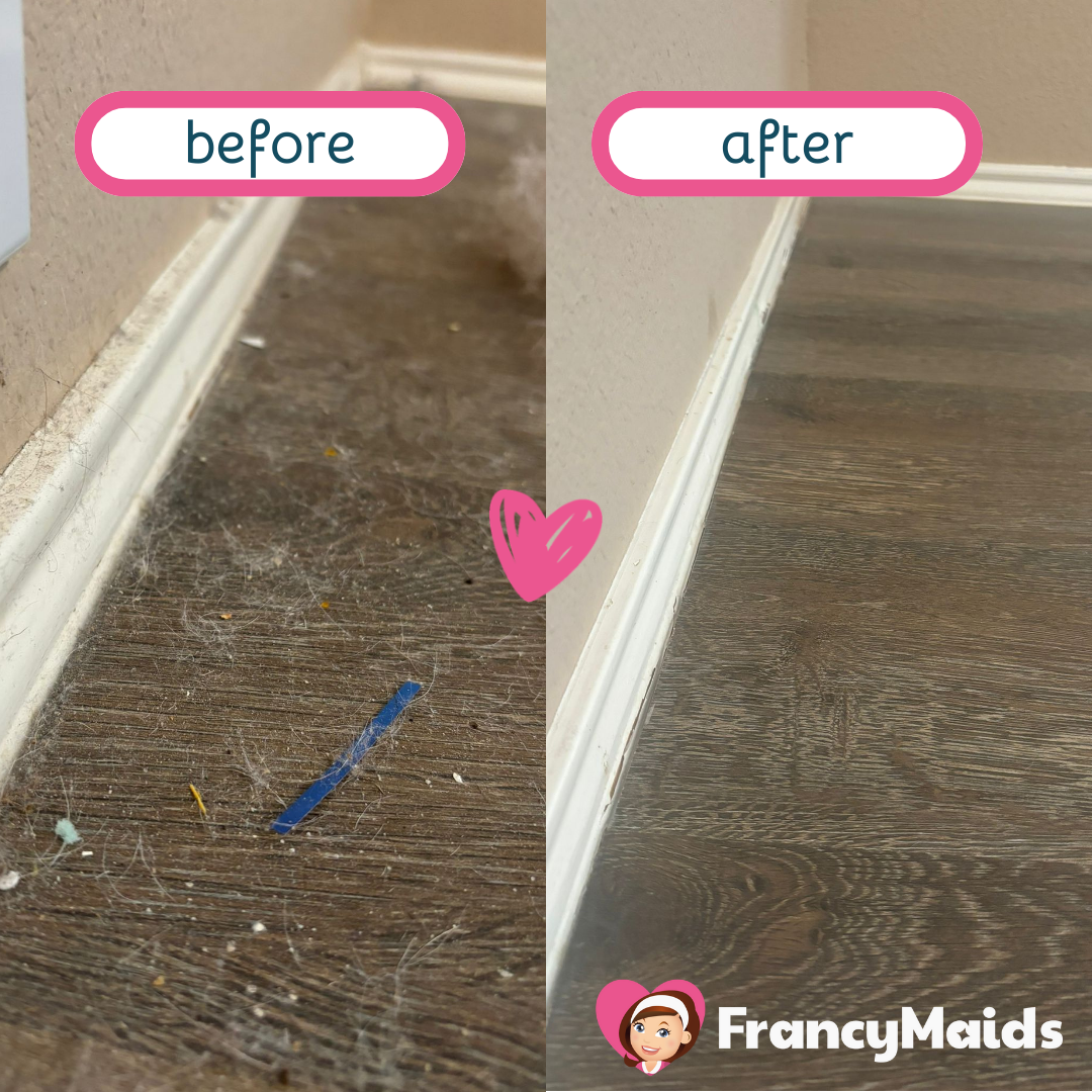 A before and after photo of a dirty floor