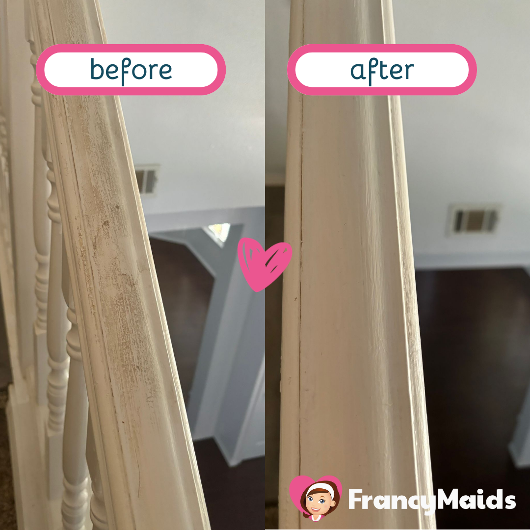 A picture of a stair railing before and after cleaning by francy maids