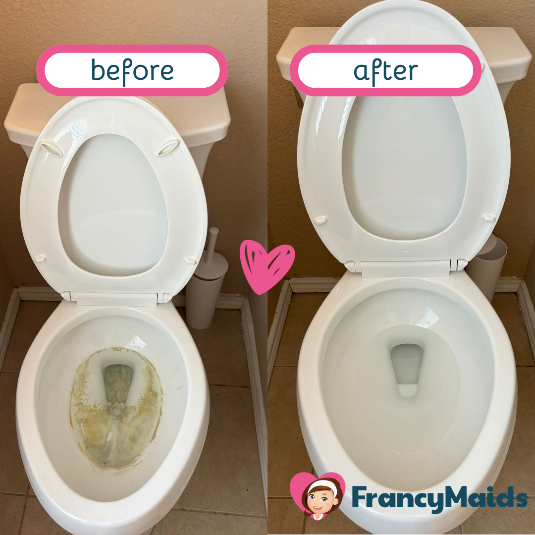 A picture of a toilet before and after being cleaned by francymaids