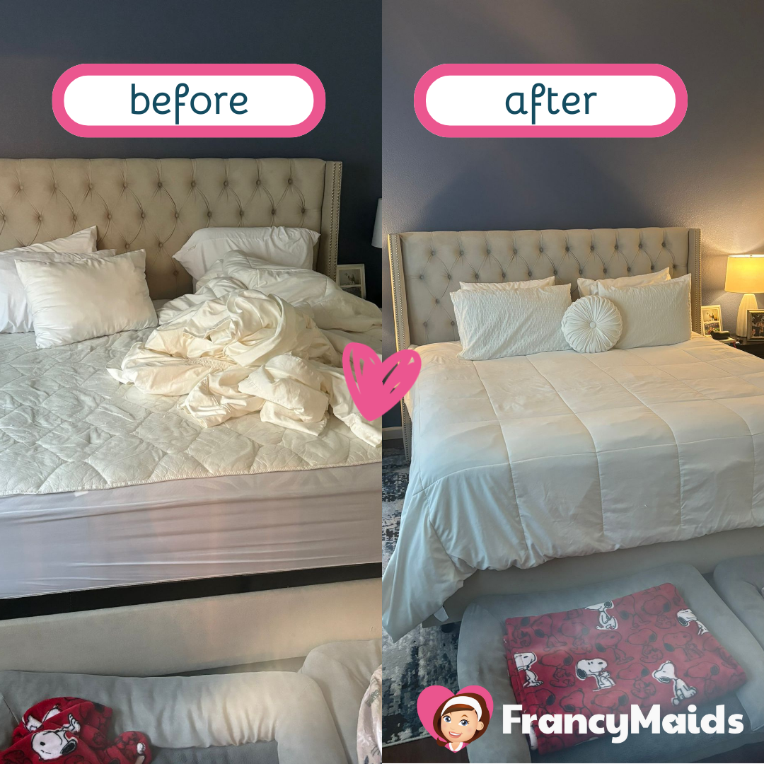 A bed before and after being cleaned by francy maids
